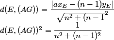 d(E,(AG))=\dfrac{|ax_E-(n-1)y_E|}{\sqrt{n^2+(n-1}^2}
 \\ d(E,(AG))^2=\dfrac{1}{n^2+(n-1)^2}